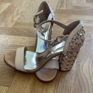 EUC Nude and Silver COACH Braided Block Heels